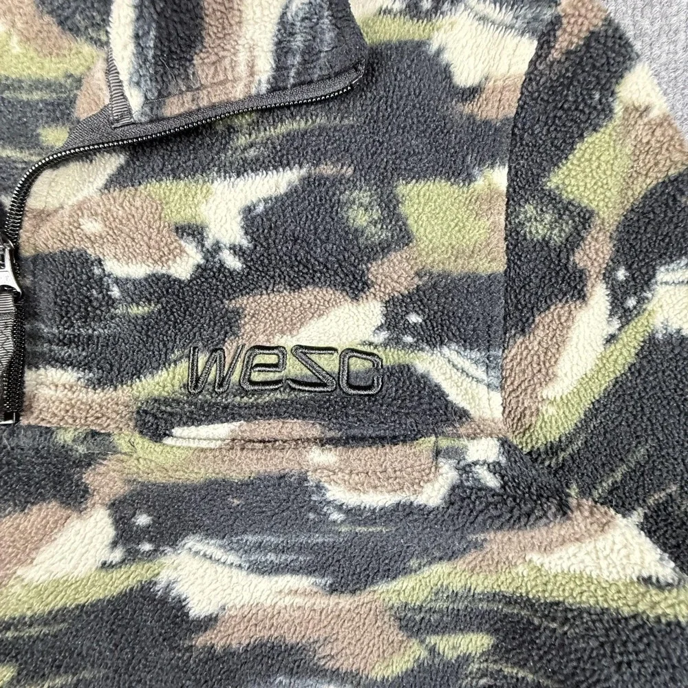 WeSC Pullover Sweater Mens Small Camo Fleece Half Zip Pocket Green Brown Outdoor